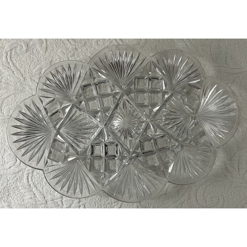 Vintage Pressed Glass Platter Plate Fan‎ Starburst Cane Pattern 14X8.5 EAPG